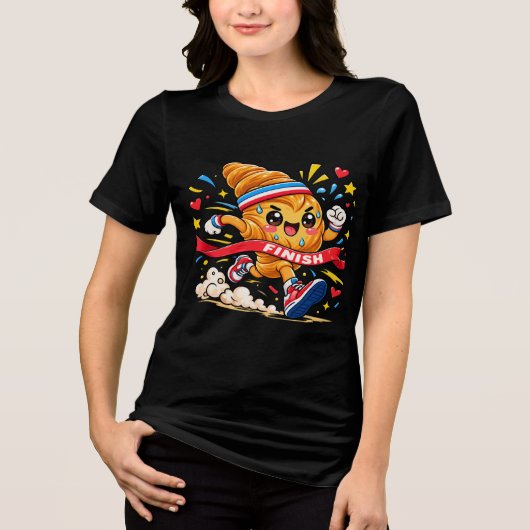 クロワッサンランナーの漫画仕上げのスプリント トライブレンドTシャツ (正面)