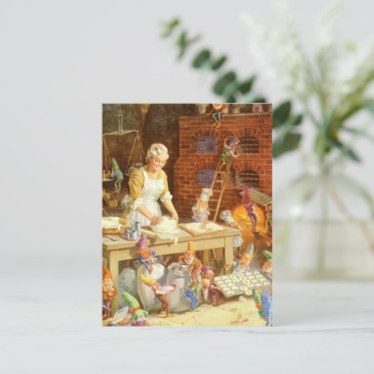 クロースさんとサンタさんの小妖精や小人がクッキーを焼く シーズンポストカード (スタンド正面)