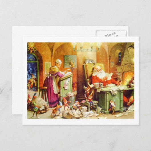 クロースさん&小妖精や小人が彼のリストをチェック シーズンポストカード (正面/裏面)