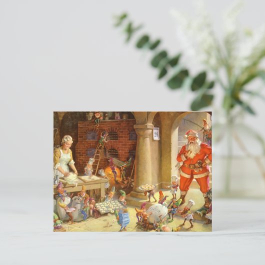 クロース夫人及びクリスマスのクッキーを焼いているサンタの小妖精や小人 シーズンポストカード (スタンド正面)