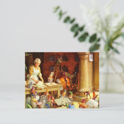 クロース夫人及びサンタの小妖精や小人はクリスマスのクッキーを焼きます シーズンポストカード (スタンド正面)