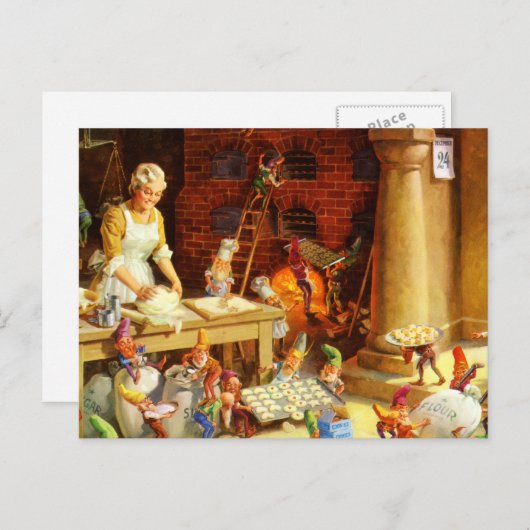 クロース夫人及びサンタの小妖精や小人はクリスマスのクッキーを焼きます シーズンポストカード (正面/裏面)