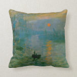 クロード・モネの印象の日の出の印象主義の油 クッション<br><div class="desc">美しい緑のImpressionsismのスタイルのキャンバスのクロード・モネの"日の出"の油の有名なイメージおよび青およびオレンジ。  このデザインはMonet、印象主義の芸術およびクラシックな芸術を愛する人のために完全です。</div>