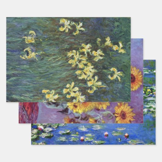 クロード・モネの異なる花の絵画3点 ラッピングペーパーシート (セット)