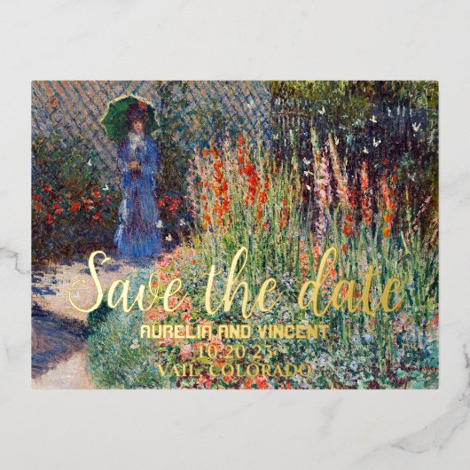 クロード・モネの花壇 Save the Date 絵画 箔招待状ポストカード (正面)
