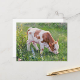 クロード・モネスタイルの花畑にいるかわいい赤ちゃん牛 ポストカード