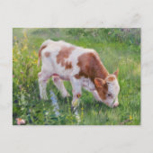クロード・モネスタイルの花畑にいるかわいい赤ちゃん牛 ポストカード (正面)