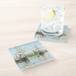 クロード・モネ。ルーアンでセーヌ川に乗る船 ガラスコースター