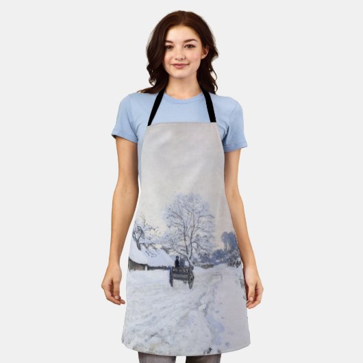 クロード・モネ – Cart on the Snowy Road at Honfleur エプロン (着用した状態)