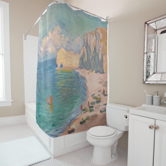 クロード・モネ – Etretat：ビーチとファレーズダム シャワーカーテン (インサイチュ)