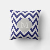 クローバーおよびモノグラムが付いている濃紺のシェブロン クッション (裏面)