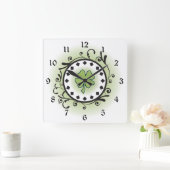 クローバーとつる植物グリーン、ブラックとホワイトアイルランド スクエア壁時計 (ホーム)