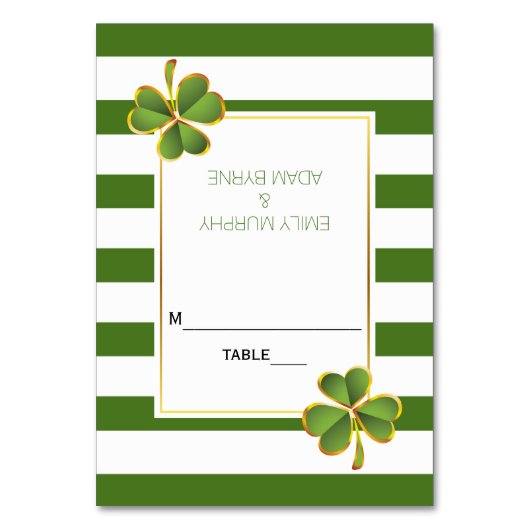 クローバーと緑ストライプのアイリッシュ結婚の護衛カード テーブルナンバー (正面)