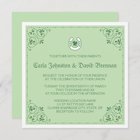 クローバーの蹄鉄の緑のセントパトリックの日の結婚式 招待状 (正面/裏面)