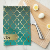 クローバーティール(緑がかった色)と濃い茶色のブレンド キッチンタオル (四つ折り)