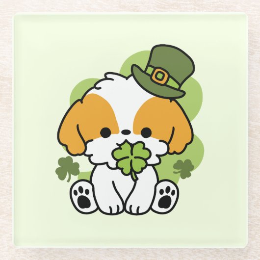 クローバーパップラブ – St. Patrick's Day Dog Design ガラスコースター (正面)