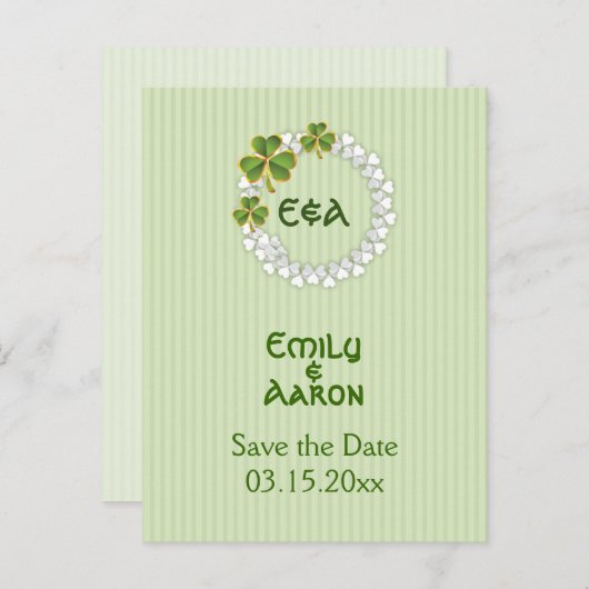 クローバーリースとイニシャル結婚式日付を保存 案内ポストカード (正面/裏面)