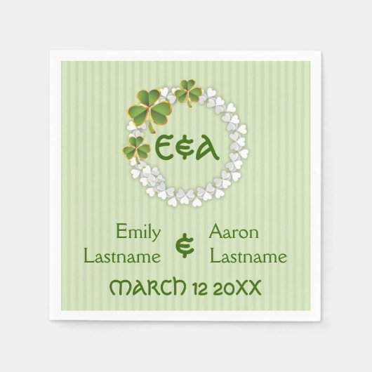 クローバーリース、モノグラムストライプアイリッシュ結婚ズ スタンダードカクテルナプキン (正面)