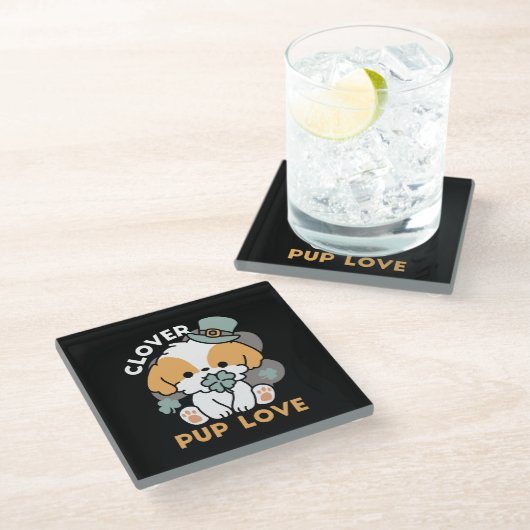 クローバー付きラッキーアップ – 聖パトリックの日の贈り物 ガラスコースター (アングル)