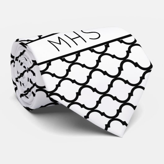 クローバー幾何カスタムモノグラムホワイトブラック ネクタイ (ロール)