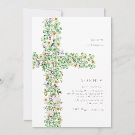 クローバー ワイルドフラワーの十字架 洗礼 命名式 招待状 (正面)