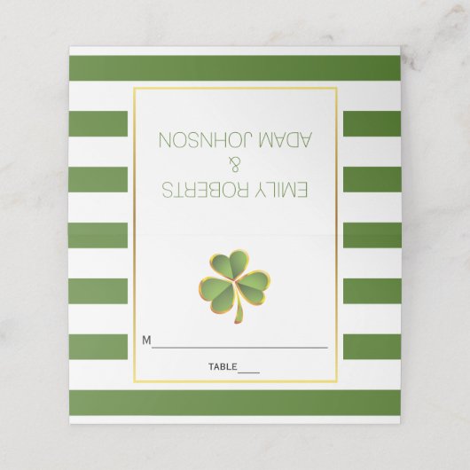 クローバー、緑のストライプアイリッシュ結婚の折り畳まれた護衛 プレイスカード (外部開封)