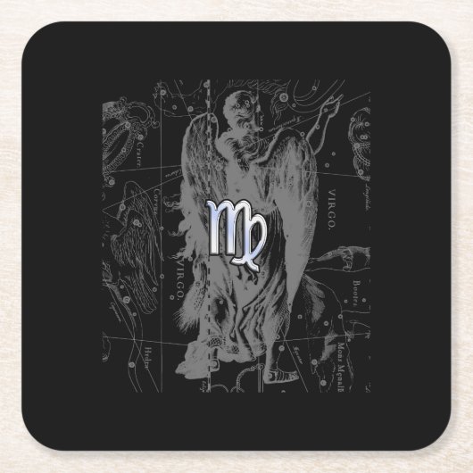 クロームのような《星座》乙女座〔占星術の〕十二宮図Heveliusのブラックサイン スクエアペーパーコースター (正面)