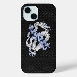 クロームスタイルドラゴンオンブラックスネークスキンプリント iPhone 15ケース