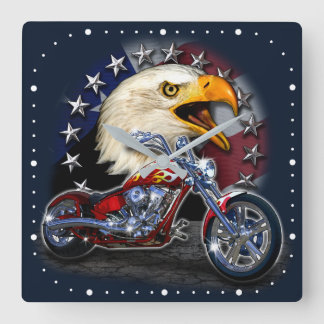 クロームバイクチョッパーパトリオティックイーグルアメリカ国旗 スクエア壁時計