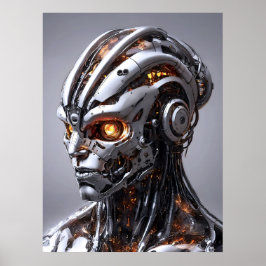 クローム・サイボーグ オレンジ輝き SF AI ポートレート ポスター
