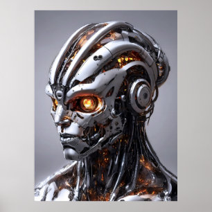 クローム・サイボーグ オレンジ輝き SF AI ポートレート ポスター