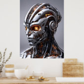 クローム・サイボーグ オレンジ輝き SF AI ポートレート ポスター (キッチン)