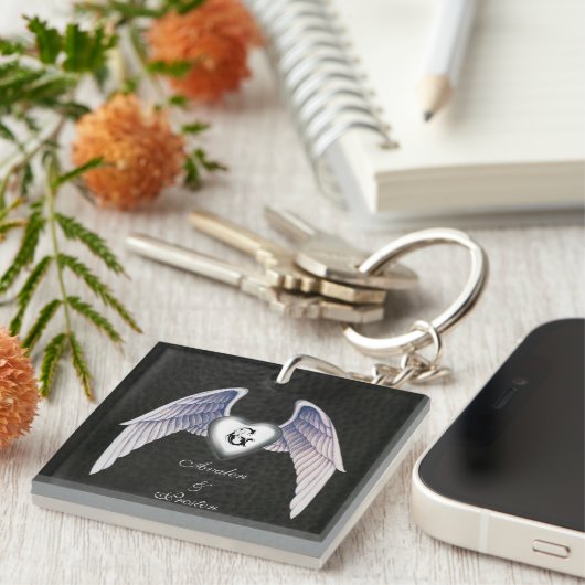 クローム&レザーフェイクウィングハートキーチェーン キーホルダー (正面右)