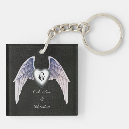 クローム&レザーフェイクウィングハートキーチェーン キーホルダー (裏面)