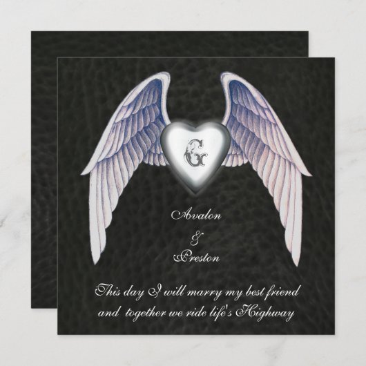 クローム&レザーフェイクウィングハート招待状 招待状 (正面/裏面)