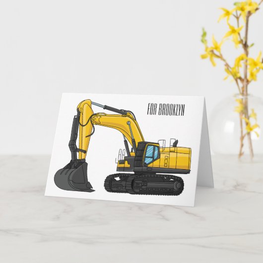 クローラー掘削機の漫画イラストレーション カード (黄色い花)