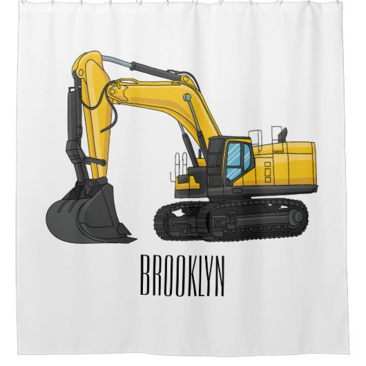 クローラー掘削機の漫画イラストレーション シャワーカーテン (正面)