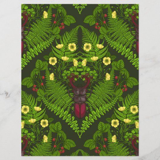 クワガタとシダ、緑葉の花 (正面)