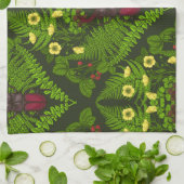 クワガタとシダ、緑葉の花 キッチンタオル (折り畳み)