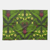 クワガタとシダ、緑葉の花 キッチンタオル (横)