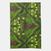 クワガタとシダ、緑葉の花 キッチンタオル (縦)