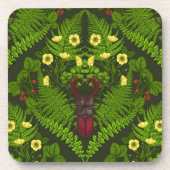 クワガタとシダ、緑葉の花 コースター (正面)