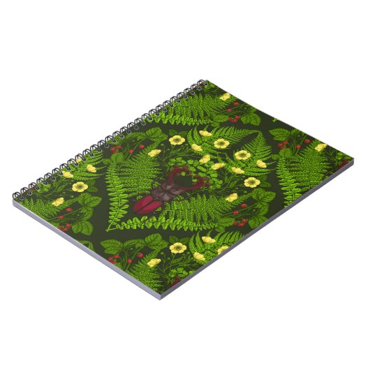 クワガタとシダ、緑葉の花 ノートブック (左側)