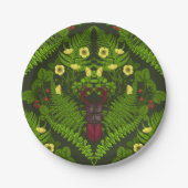 クワガタとシダ、緑葉の花 ペーパープレート (正面)