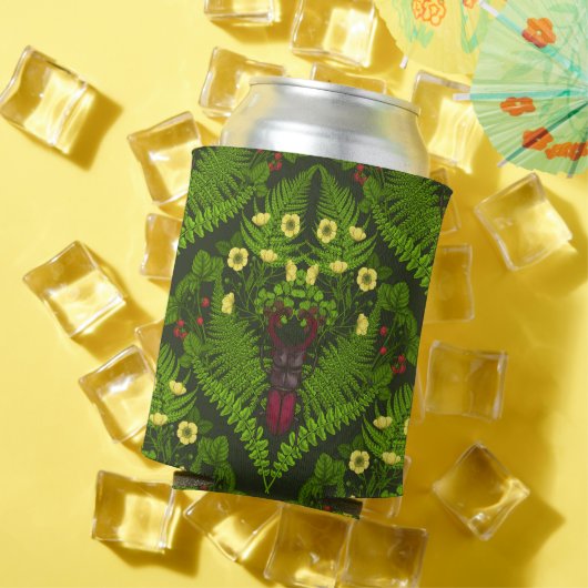 クワガタとシダ、緑葉の花 缶クーラー (インサイチュ 夏)