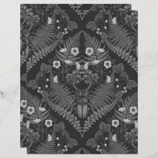 クワガタとシダ、黒と白 (正面/裏面)