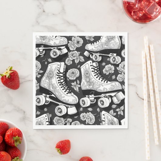 クワッドスケート、バラ、白黒デザイン。 スタンダードランチョンナプキン (インサイチュ)