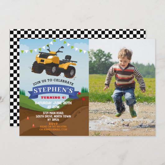 クワッドバイクバースデーパーティートラックカービッグ招待状 招待状 (正面/裏面)