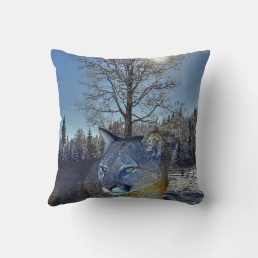 クーガーマウンテンライオン&ウィンターツリーワイルドライフイメージ クッション (裏面)