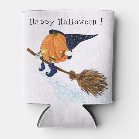 クーラーボックスおもしろいハロウィーンウィッチパンプキン飛んでいる 缶クーラー (正面)